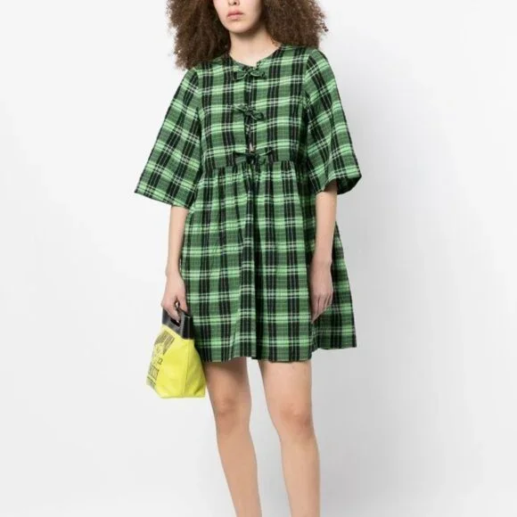 knee length dresses for ladies GANNI | Seersucker-Check Mini Dress